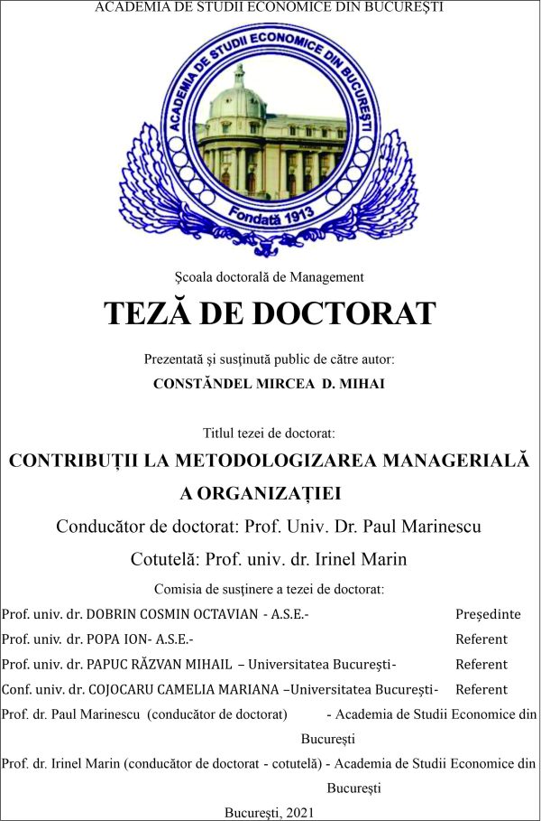 CONTRIBUȚII LA METODOLOGIZAREA MANAGERIALĂ A ORGANIZAȚIEI - autor - Constăndel Mircea D. Mihai